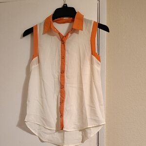 edge Cream Sleeveless Button-Front Blouse with Orange Trim